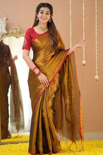 gold handloom tissue saree with designer blouse