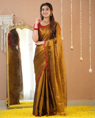 gold handloom tissue saree with designer blouse 3