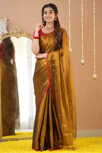gold handloom tissue saree with designer blouse