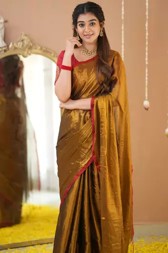 gold handloom tissue saree with designer blouse