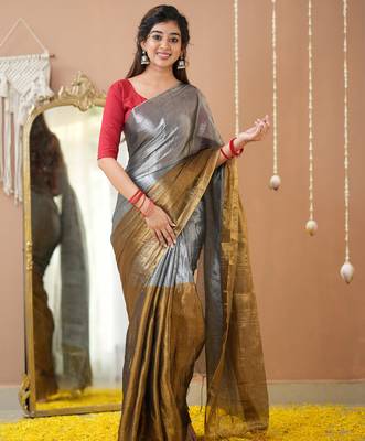 gold & silver handloom tissue saree with designer blouse 1