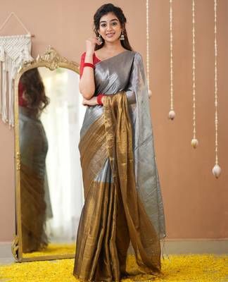 gold & silver handloom tissue saree with designer blouse 3