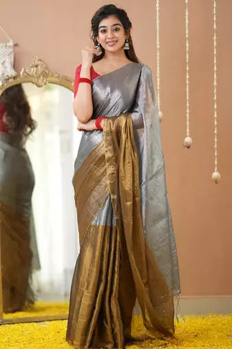 gold & silver handloom tissue saree with designer blouse