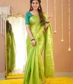 pista green handloom tissue saree with designer blouse