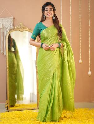 pista green handloom tissue saree with designer blouse 3