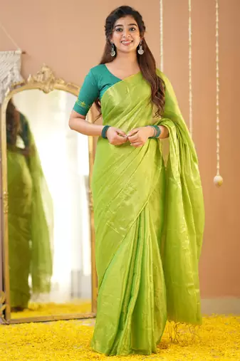 pista green handloom tissue saree with designer blouse