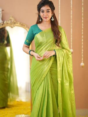 pista green handloom tissue saree with designer blouse 4