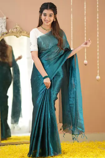 teal green handloom tissue saree with designer blouse