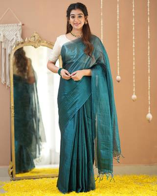 teal green handloom tissue saree with designer blouse 3