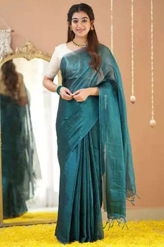 teal green handloom tissue saree with designer blouse