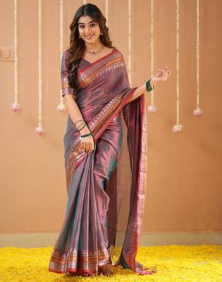 copper handloom tissue saree with designer blouse 1