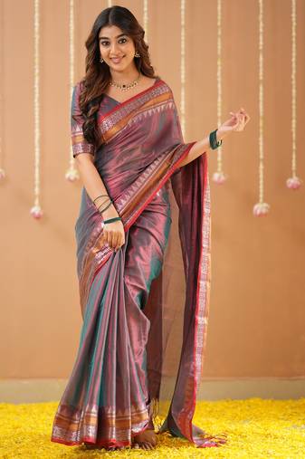 copper handloom tissue saree with designer blouse