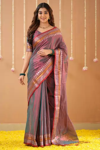 copper handloom tissue saree with designer blouse