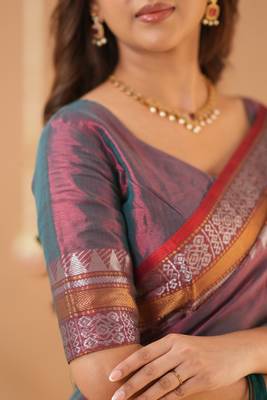 copper handloom tissue saree with designer blouse 5