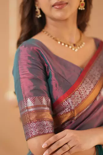 copper handloom tissue saree with designer blouse