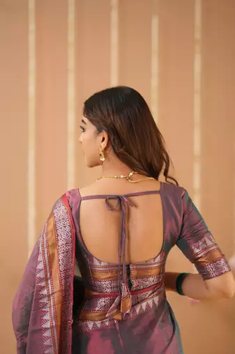 copper handloom tissue saree with designer blouse