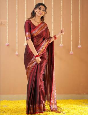 maroon handloom tissue saree with designer blouse 1