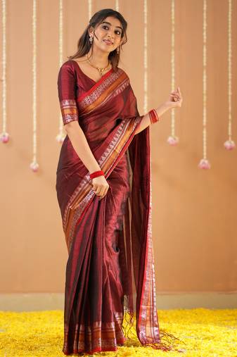 maroon handloom tissue saree with designer blouse
