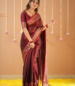 maroon handloom tissue saree with designer blouse