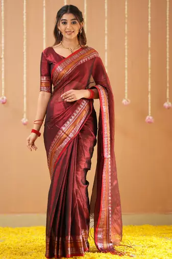 maroon handloom tissue saree with designer blouse