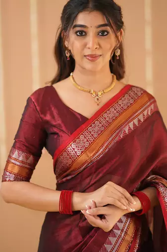 maroon handloom tissue saree with designer blouse