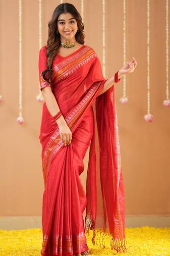 red handloom tissue saree with designer blouse