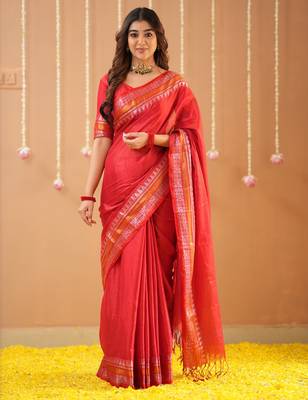 red handloom tissue saree with designer blouse 3