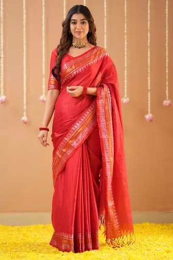red handloom tissue saree with designer blouse