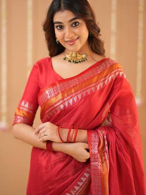 red handloom tissue saree with designer blouse 4