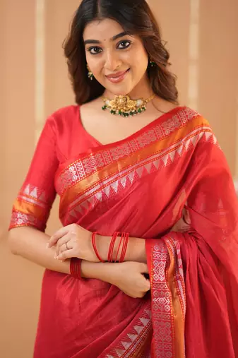 red handloom tissue saree with designer blouse