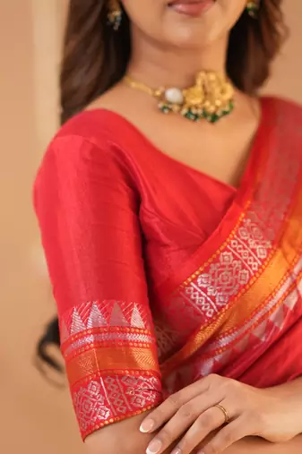 red handloom tissue saree with designer blouse