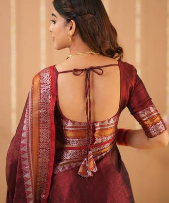 red handloom tissue saree with designer blouse 6