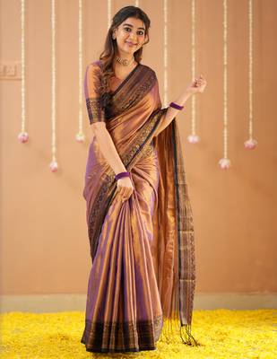copper handloom tissue saree with designer blouse 1