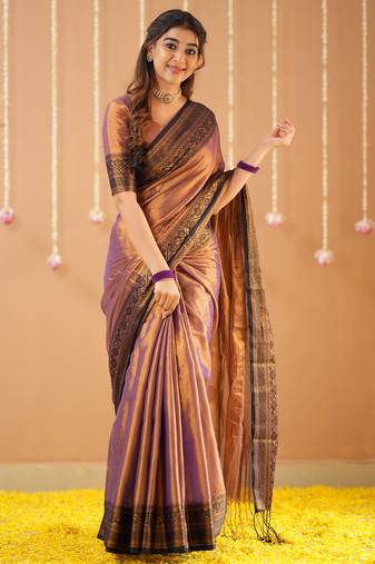 copper handloom tissue saree with designer blouse