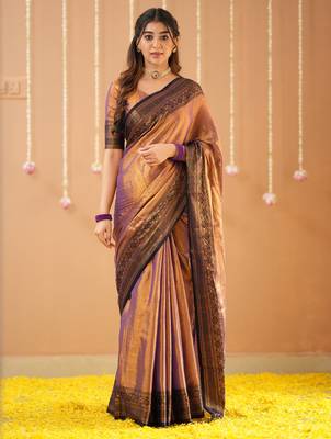 copper handloom tissue saree with designer blouse 3