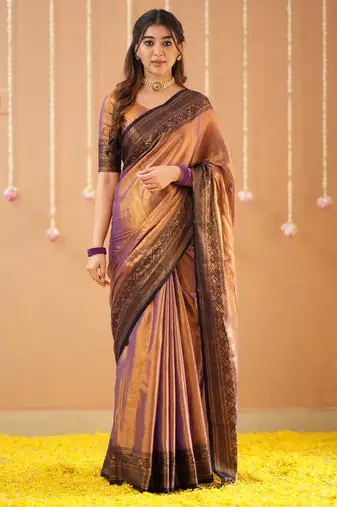 copper handloom tissue saree with designer blouse
