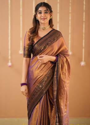 copper handloom tissue saree with designer blouse 4