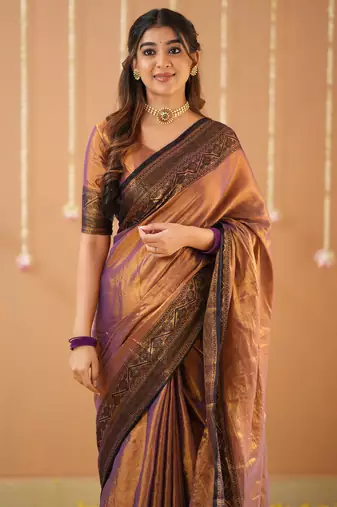 copper handloom tissue saree with designer blouse
