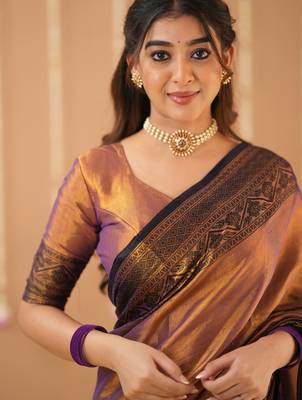 copper handloom tissue saree with designer blouse 5