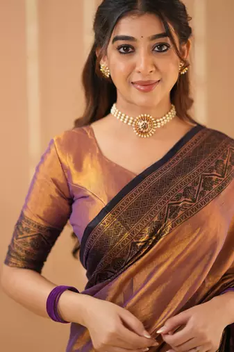 copper handloom tissue saree with designer blouse