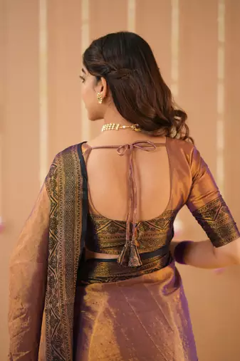 copper handloom tissue saree with designer blouse