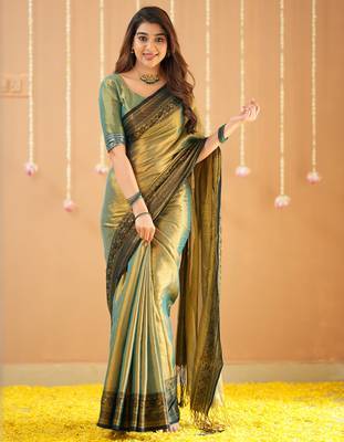 green handloom tissue saree with designer blouse 1