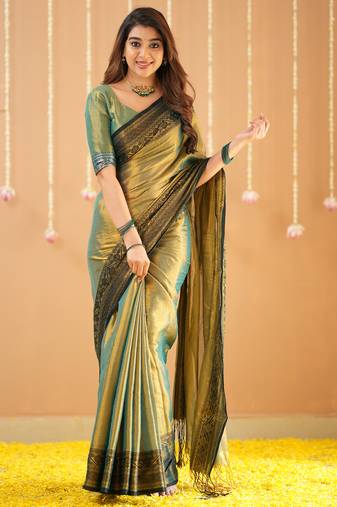 green handloom tissue saree with designer blouse
