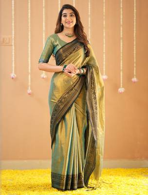 green handloom tissue saree with designer blouse 3
