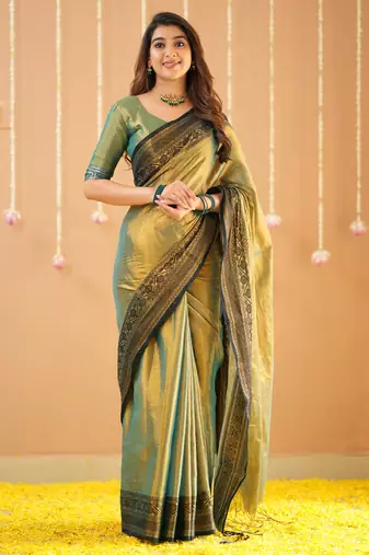 green handloom tissue saree with designer blouse
