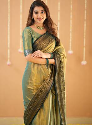 green handloom tissue saree with designer blouse 4