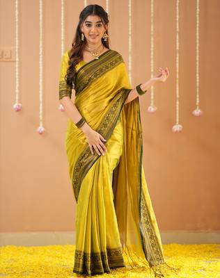 yellow handloom tissue saree with designer blouse 1