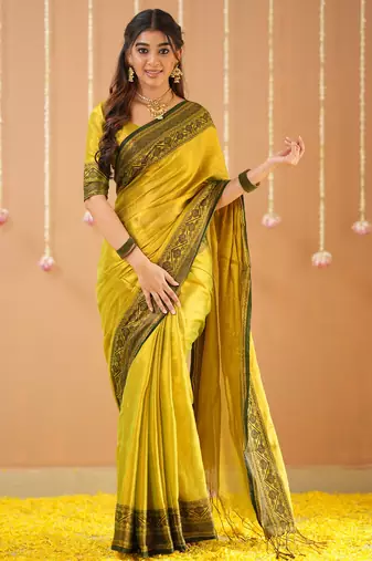 yellow handloom tissue saree with designer blouse
