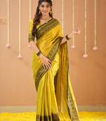 yellow handloom tissue saree with designer blouse