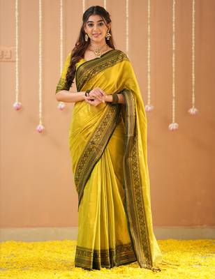 yellow handloom tissue saree with designer blouse 3